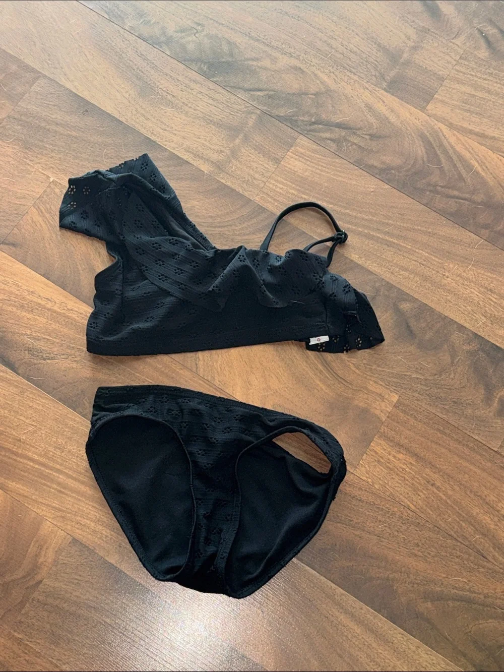 Justice Black Eyelet Ruffle One-Shoulder Bikini Set